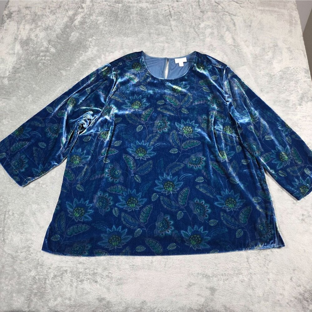 J Jill Top 2X Blue Green Velour Printed Floral Cozy Casual Dressy Blouse